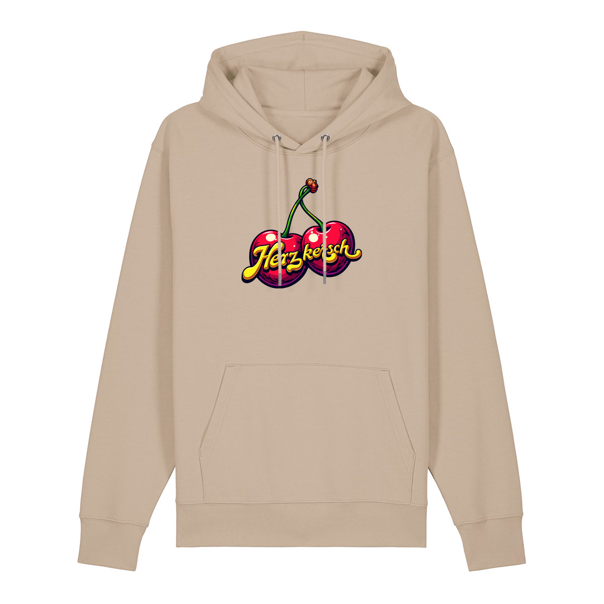 Hoodie in beige mit Kirschmotiv und Schriftzug Herzkersch.