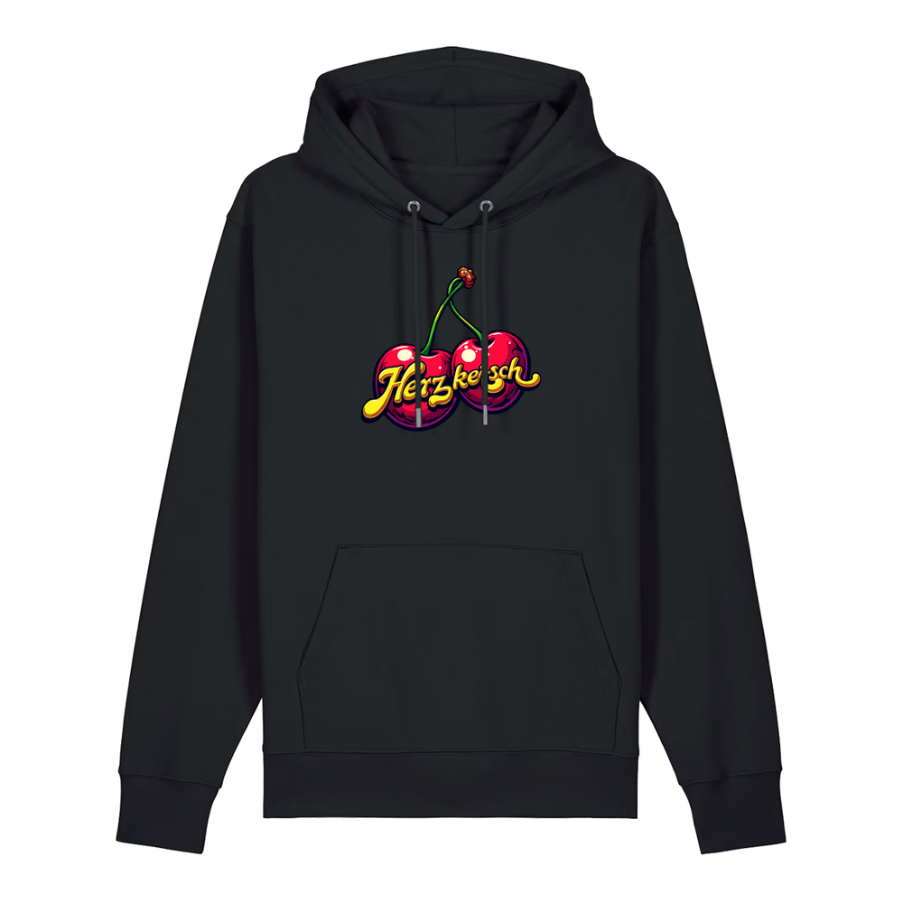 Hoodie in schwarz mit Kirschmotiv und Schriftzug Herzkersch.