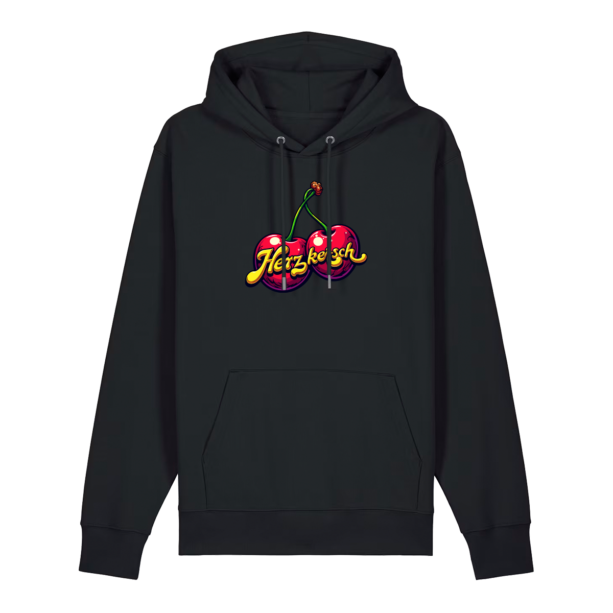 Hoodie in schwarz mit Kirschmotiv und Schriftzug Herzkersch.