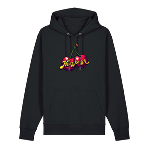 Hoodie in schwarz mit Kirschmotiv und Schriftzug Herzkersch.