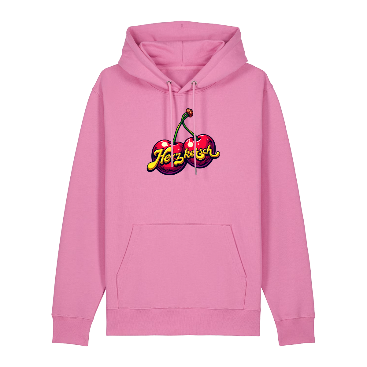 Hoodie in bubbelpink mit Kirschmotiv und Schriftzug Herzkersch.