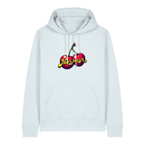 Hoodie in eisblau mit Kirschmotiv und Schriftzug Herzkersch.