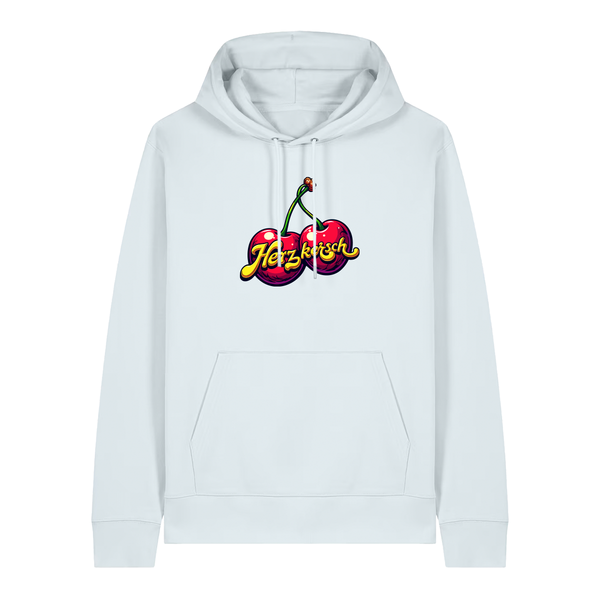 Hoodie in eisblau mit Kirschmotiv und Schriftzug Herzkersch.