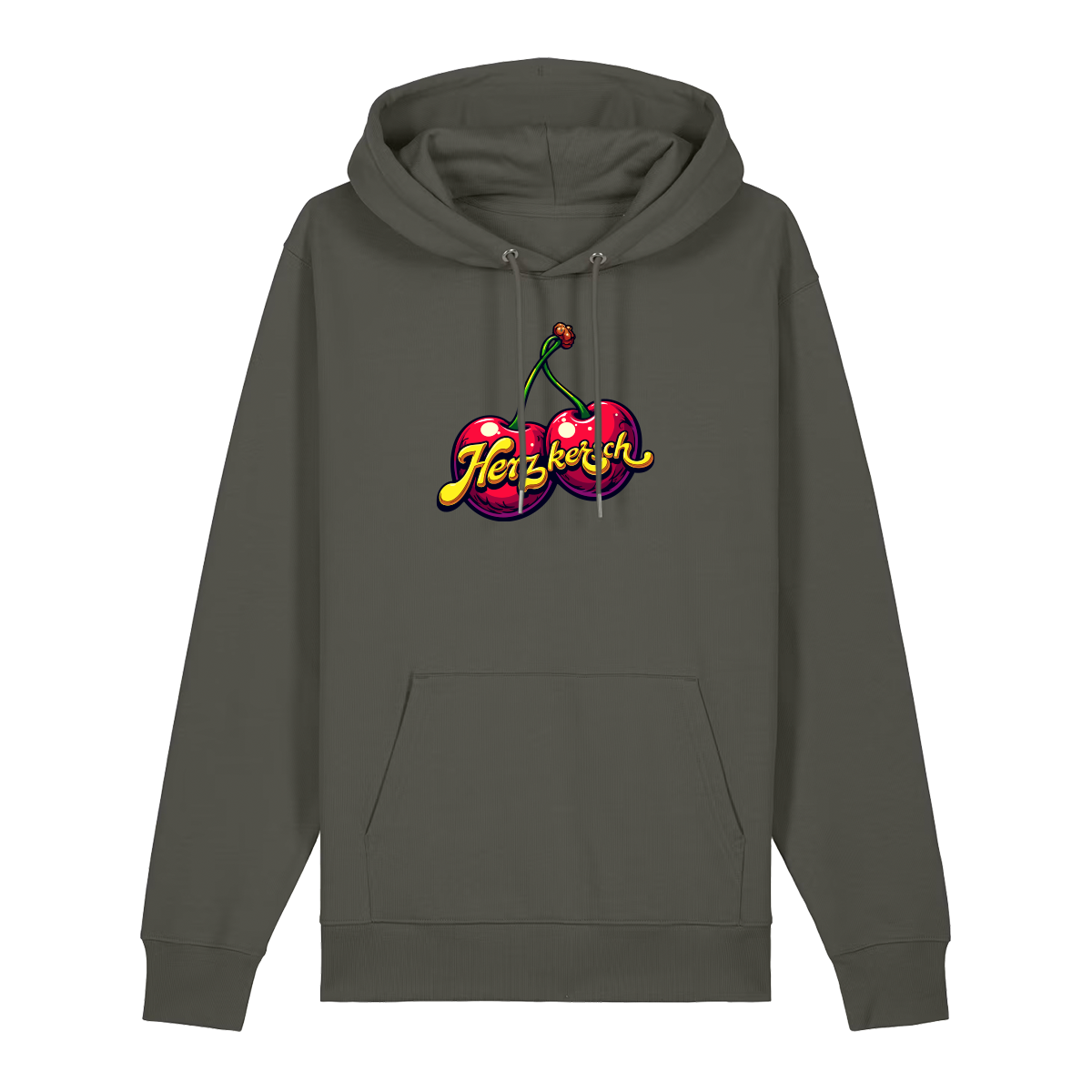 Hoodie in khaki mit Kirschmotiv und Schriftzug Herzkersch.