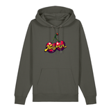 Hoodie in khaki mit Kirschmotiv und Schriftzug Herzkersch.