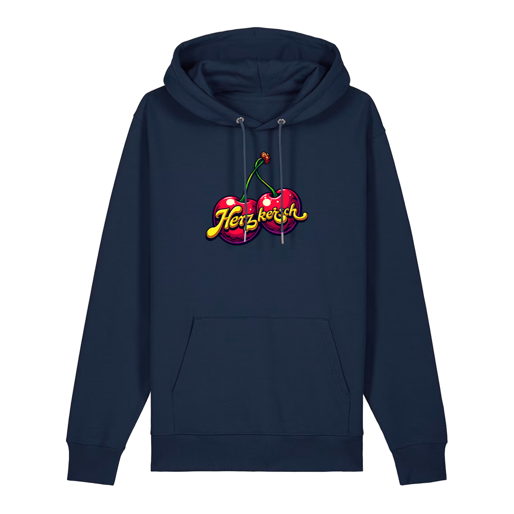 Hoodie in navy mit Kirschmotiv und Schriftzug Herzkersch.