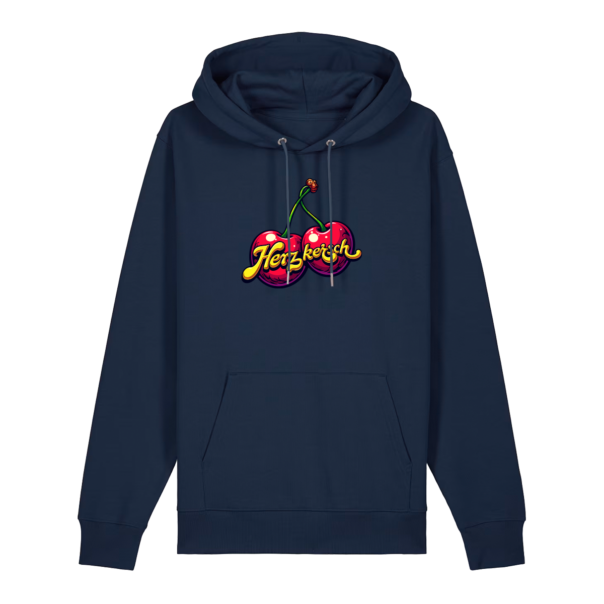 Hoodie in navy mit Kirschmotiv und Schriftzug Herzkersch.