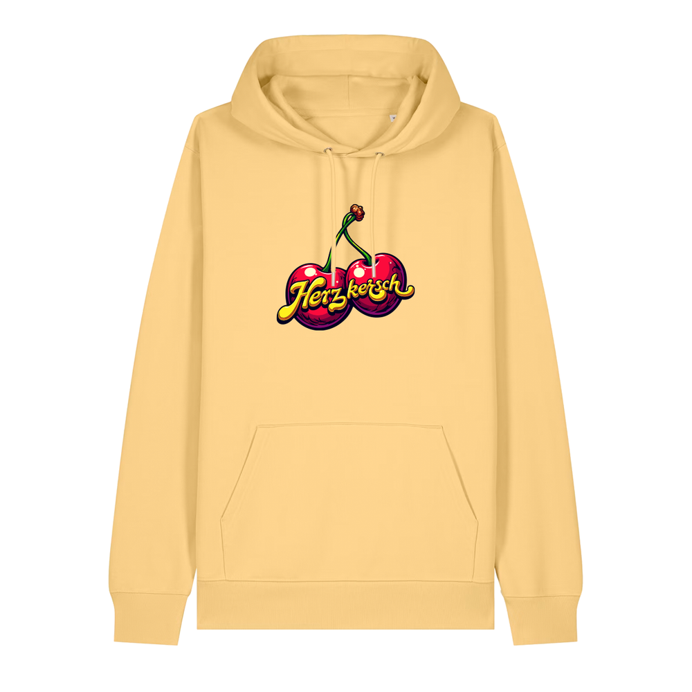 Hoodie in gelb mit Kirschmotiv und Schriftzug Herzkersch.