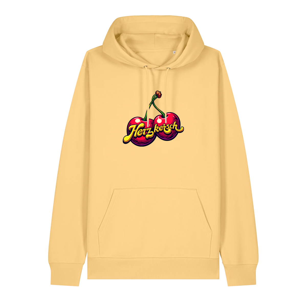 Hoodie in gelb mit Kirschmotiv und Schriftzug Herzkersch.