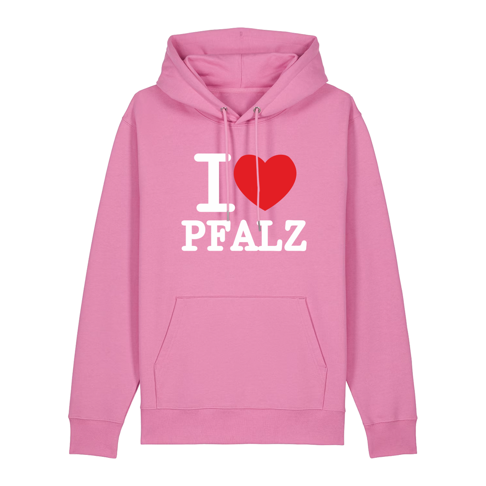 Hoodie in bubbelpink mit weißem Aufdruck "I love Pfalz".