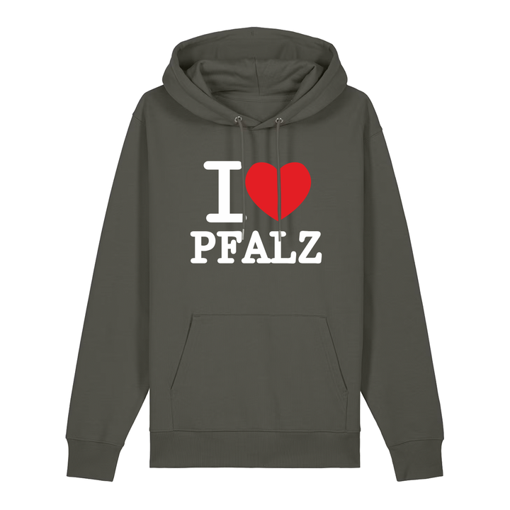 Hoodie in khaki mit weißem Aufdruck "I love Pfalz".