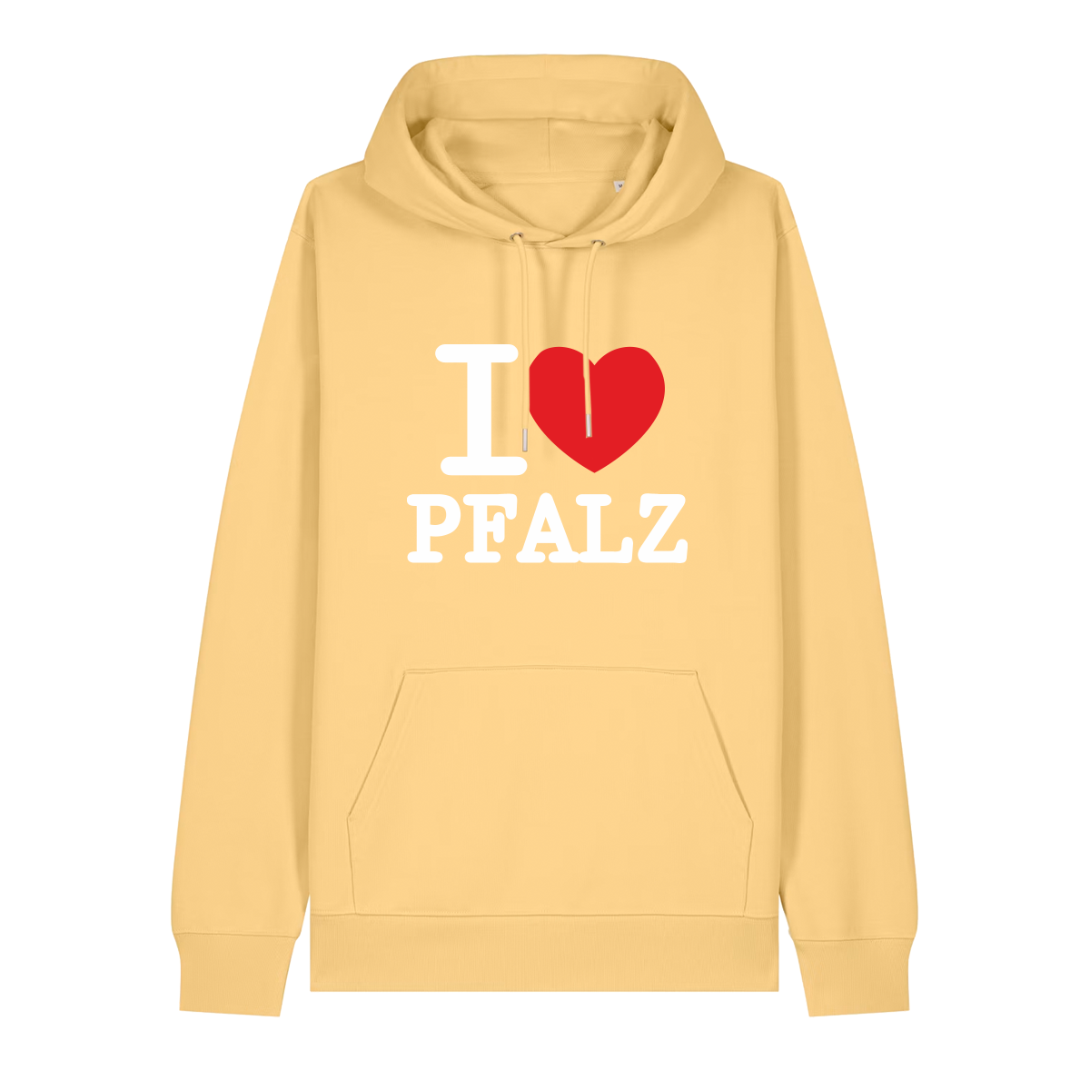 Hoodie in gelb mit weißem Aufdruck "I love Pfalz".