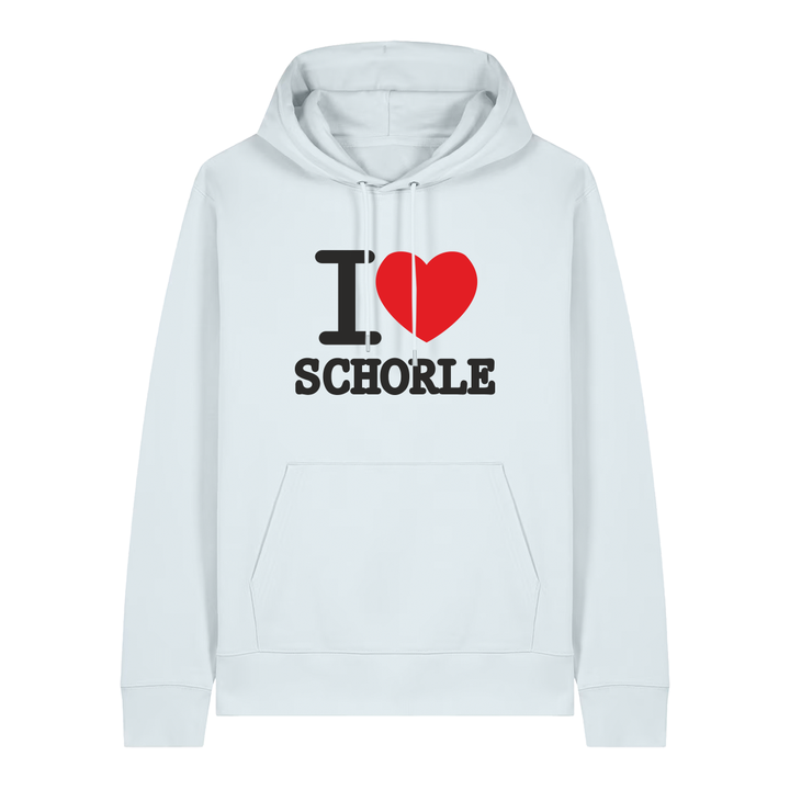 Hoodie in eisblau mit schwarzem Aufdruck "I love Schorle".