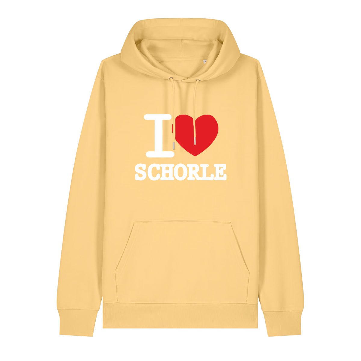 Hoodie in gelb mit weißem Aufdruck "I love Schorle".