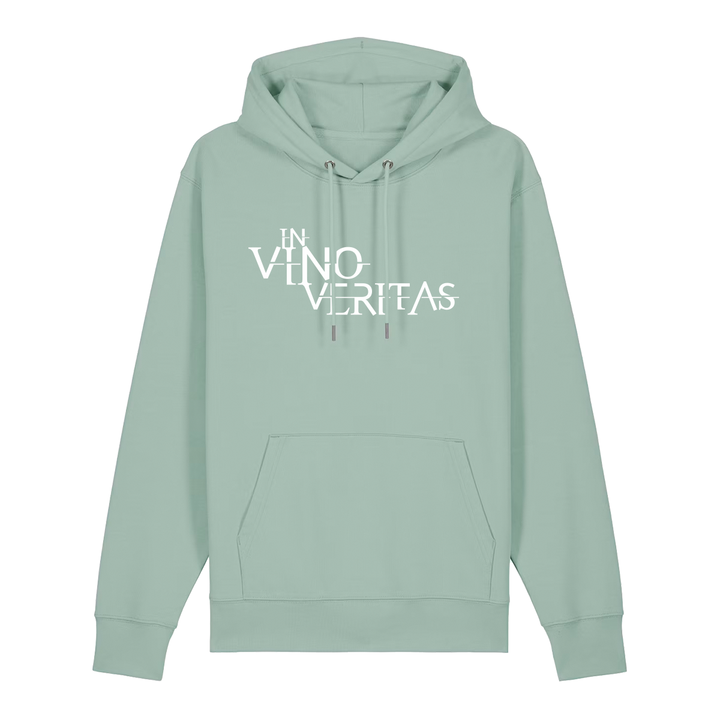 Hoodie in aloe mit weißem Aufdruck "In Vino Veritas". 