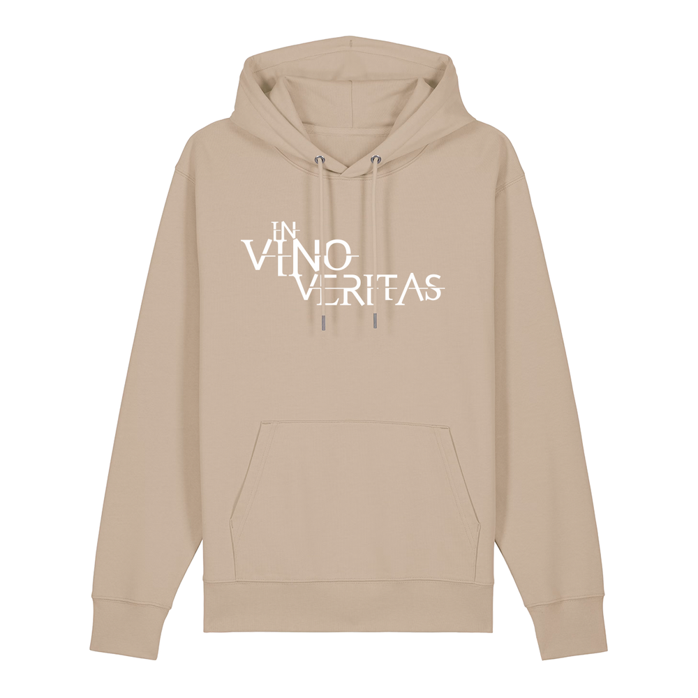 Hoodie in beige mit weißem Aufdruck "In Vino Veritas". 