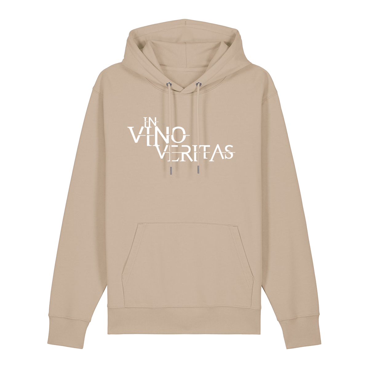 Hoodie in beige mit weißem Aufdruck "In Vino Veritas". 