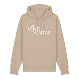 Hoodie in beige mit weißem Aufdruck "In Vino Veritas". 