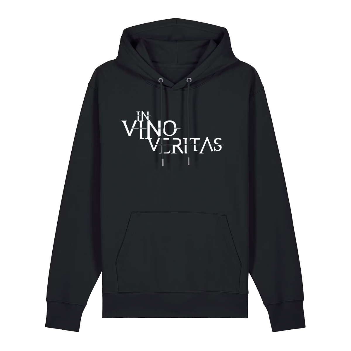 Hoodie in schwarz mit weißem Aufdruck "In Vino Veritas". 