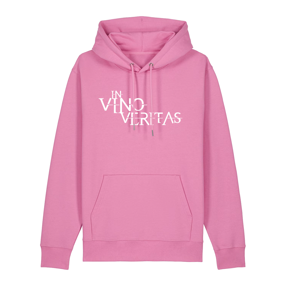 Hoodie in bubbelpink mit weißem Aufdruck "In Vino Veritas". 