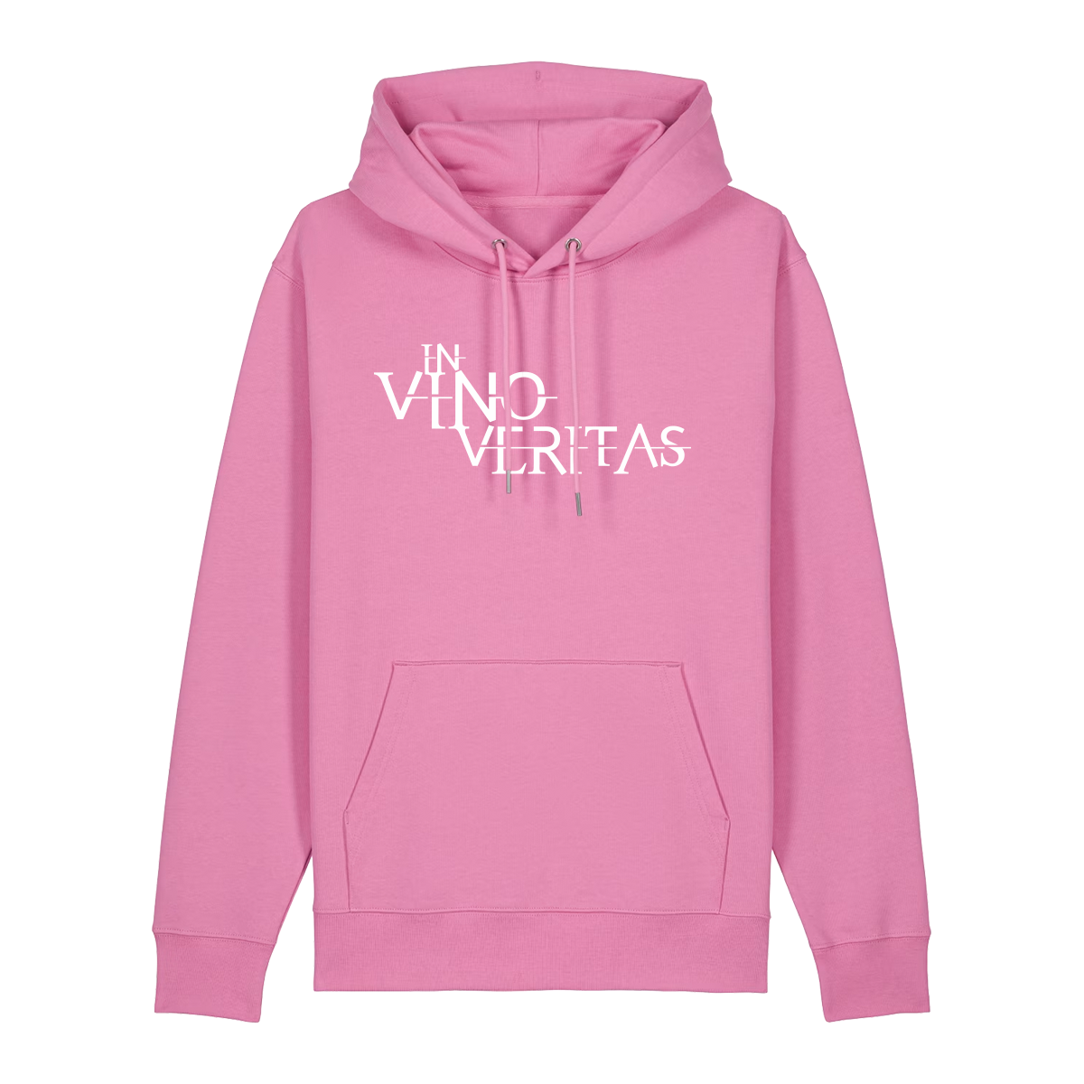 Hoodie in bubbelpink mit weißem Aufdruck "In Vino Veritas". 