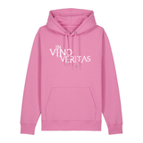 Hoodie in bubbelpink mit weißem Aufdruck "In Vino Veritas". 