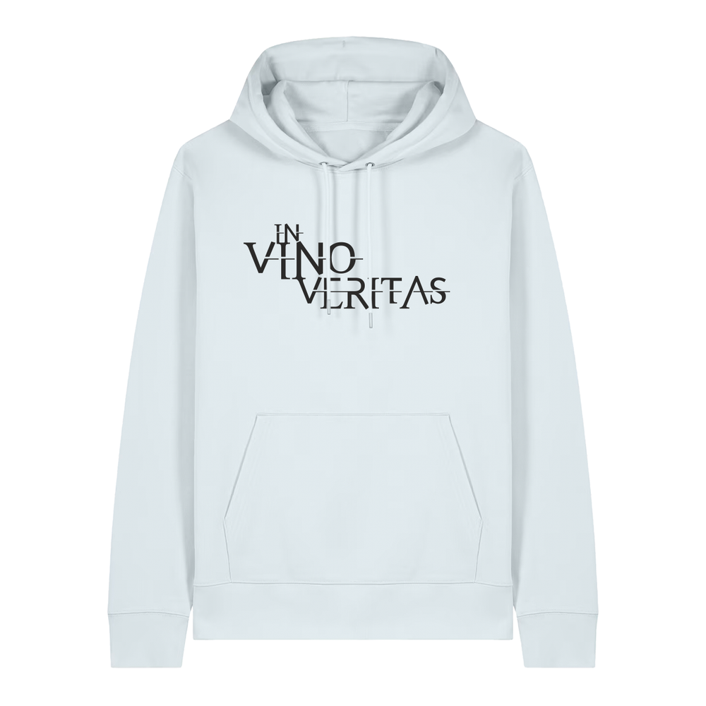 Hoodie in eisblau mit schwarzem Aufdruck "In Vino Veritas". 