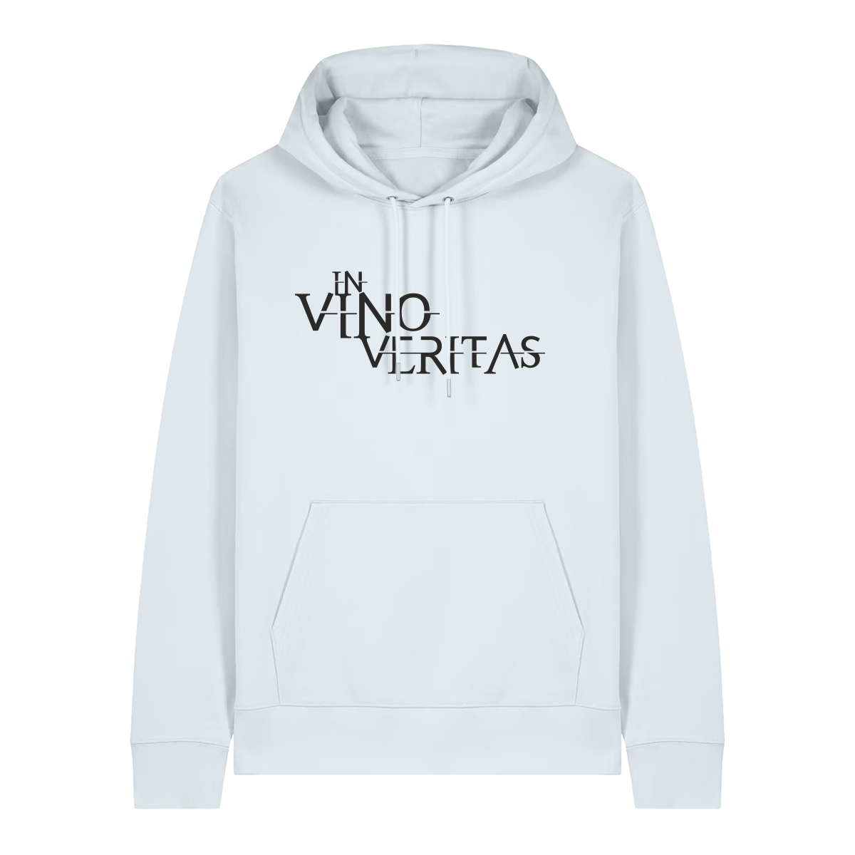 Hoodie in eisblau mit schwarzem Aufdruck "In Vino Veritas". 