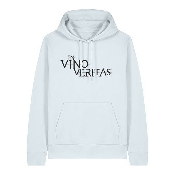 Hoodie in eisblau mit schwarzem Aufdruck "In Vino Veritas". 