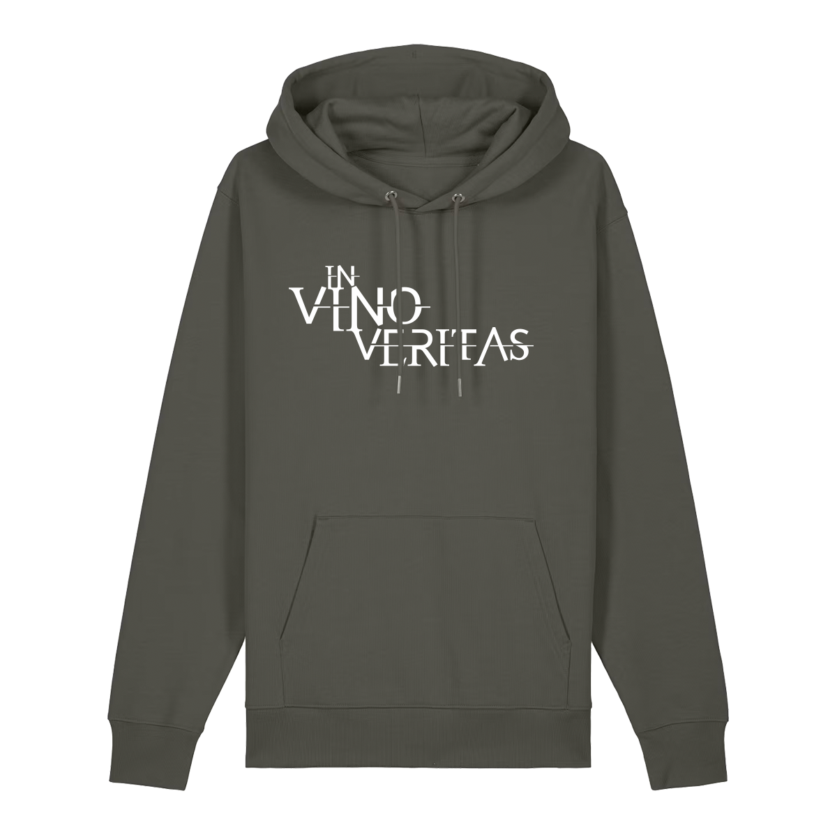 Hoodie in khaki mit weißem Aufdruck "In Vino Veritas". 