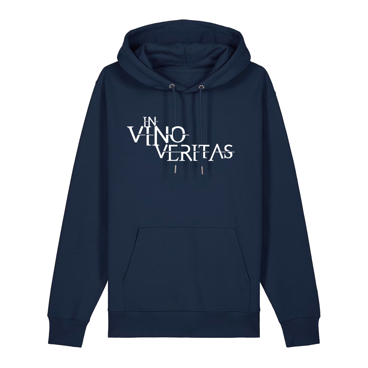 Hoodie in navy mit weißem Aufdruck "In Vino Veritas". 