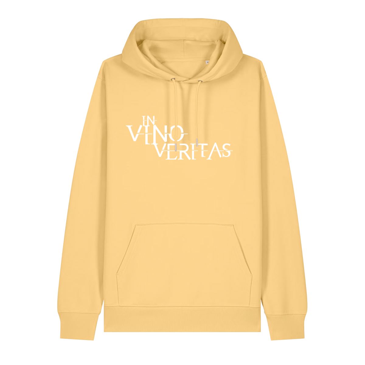 Hoodie in gelb mit weißem Aufdruck "In Vino Veritas". 