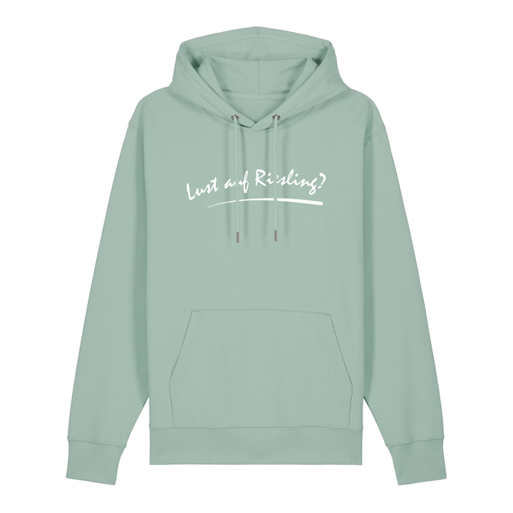 Hoodie in aloe mit weißem Aufdruck „Lust auf Riesling“.