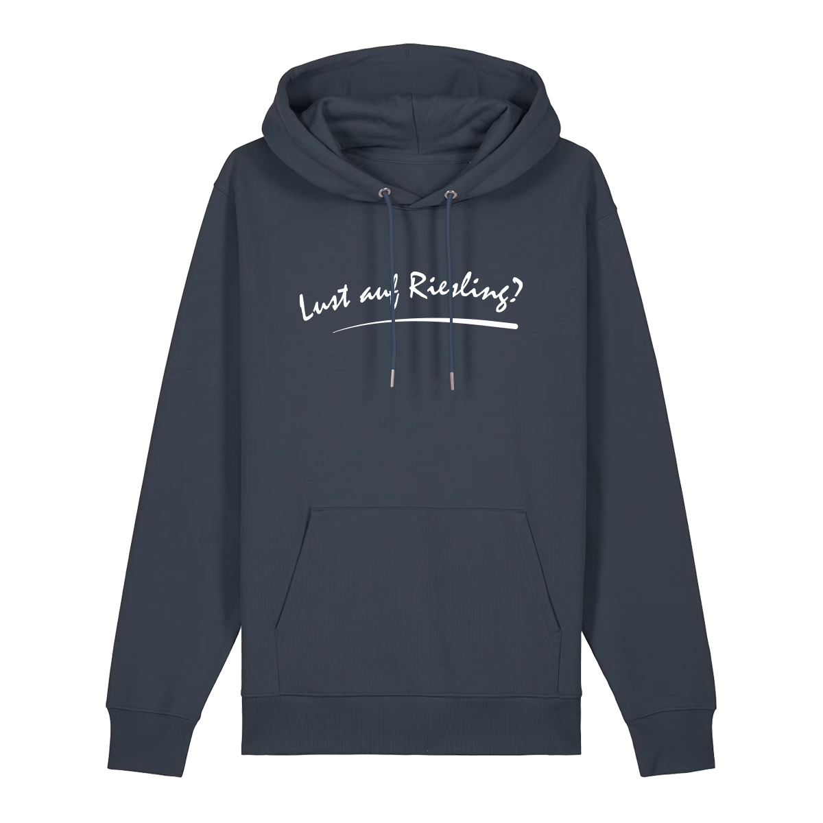 Hoodie in anthrazit mit weißem Aufdruck „Lust auf Riesling“.