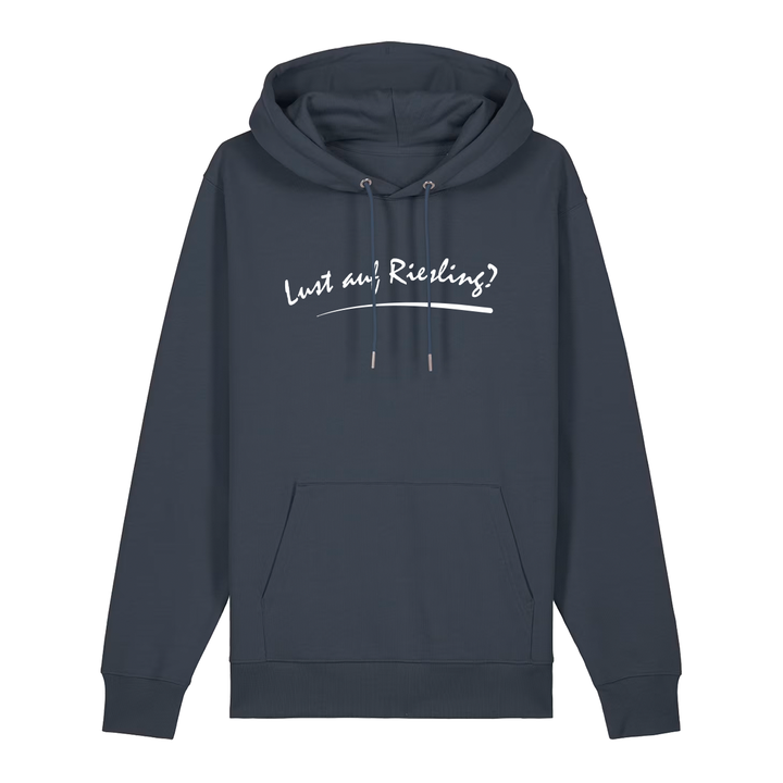 Hoodie in anthrazit mit weißem Aufdruck „Lust auf Riesling“.