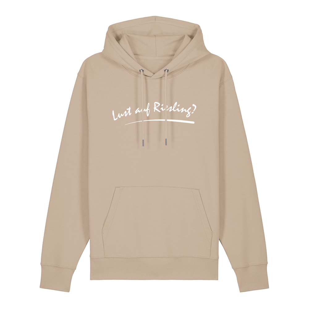 Hoodie in beige mit weißem Aufdruck „Lust auf Riesling“.