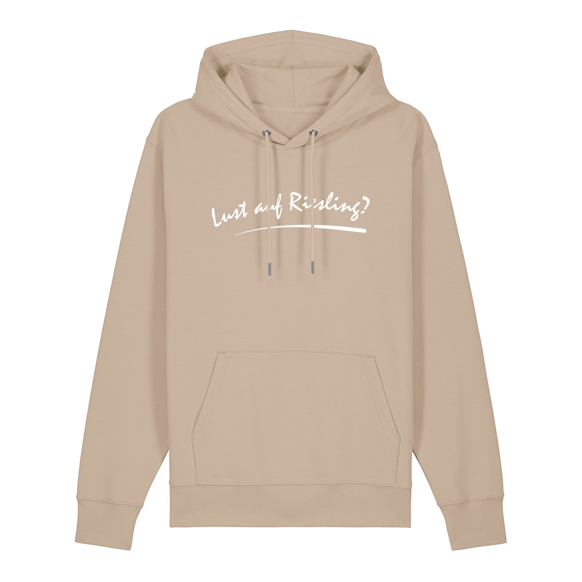 Hoodie in beige mit weißem Aufdruck „Lust auf Riesling“.