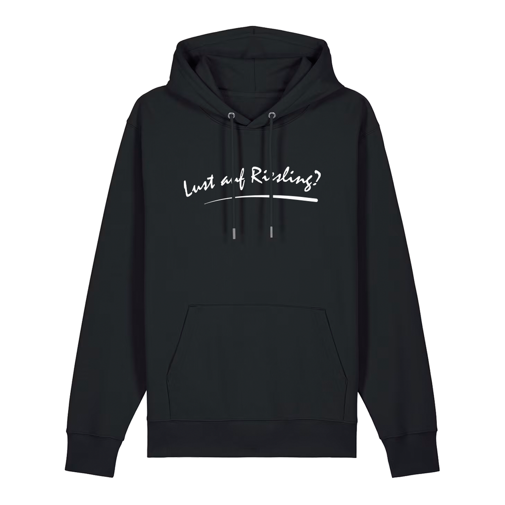 Hoodie in schwarz mit weißem Aufdruck „Lust auf Riesling“.