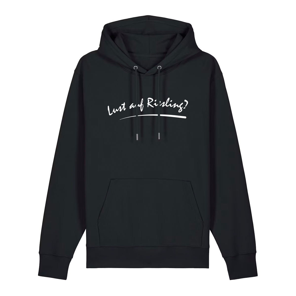 Hoodie in schwarz mit weißem Aufdruck „Lust auf Riesling“.