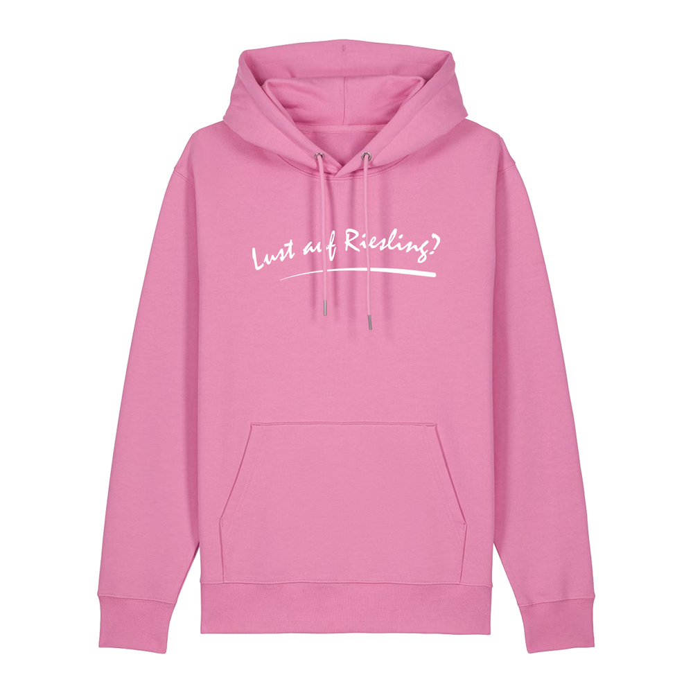 Hoodie in bubbelpink mit weißem Aufdruck „Lust auf Riesling“.