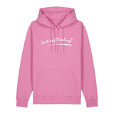 Hoodie in bubbelpink mit weißem Aufdruck „Lust auf Riesling“.