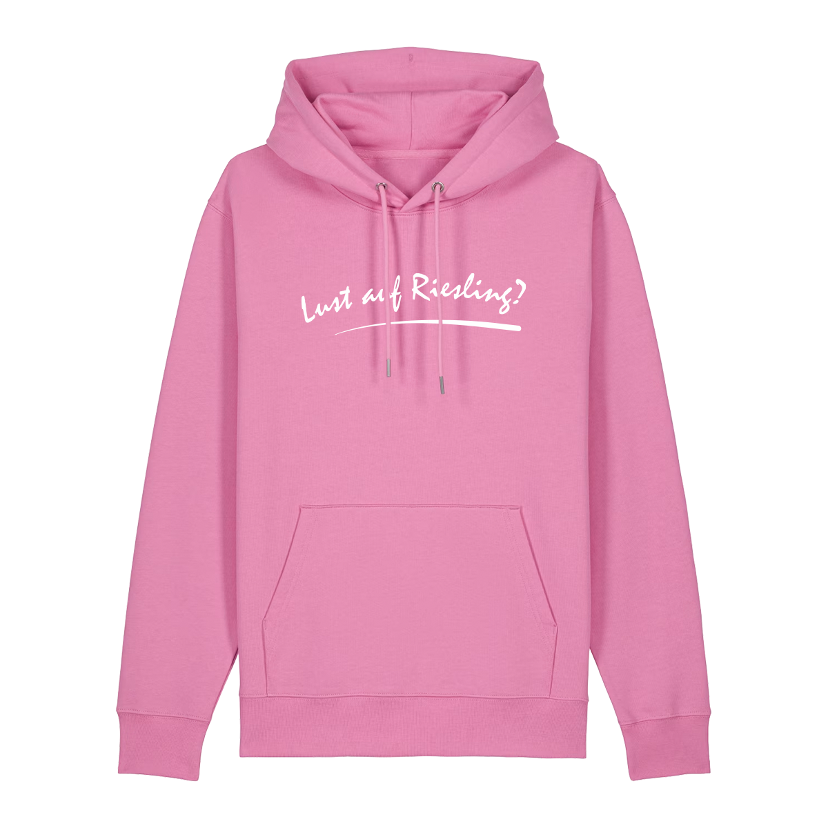 Hoodie in bubbelpink mit weißem Aufdruck „Lust auf Riesling“.