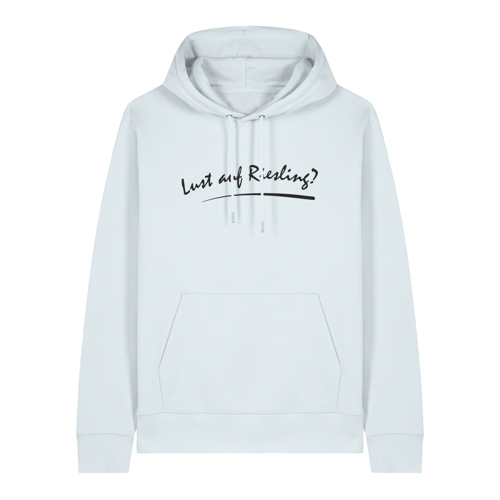 Hoodie in eisblau mit schwarzem Aufdruck „Lust auf Riesling“.