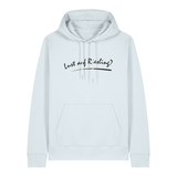Hoodie in eisblau mit schwarzem Aufdruck „Lust auf Riesling“.