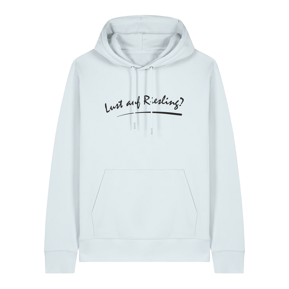 Hoodie in eisblau mit schwarzem Aufdruck „Lust auf Riesling“.