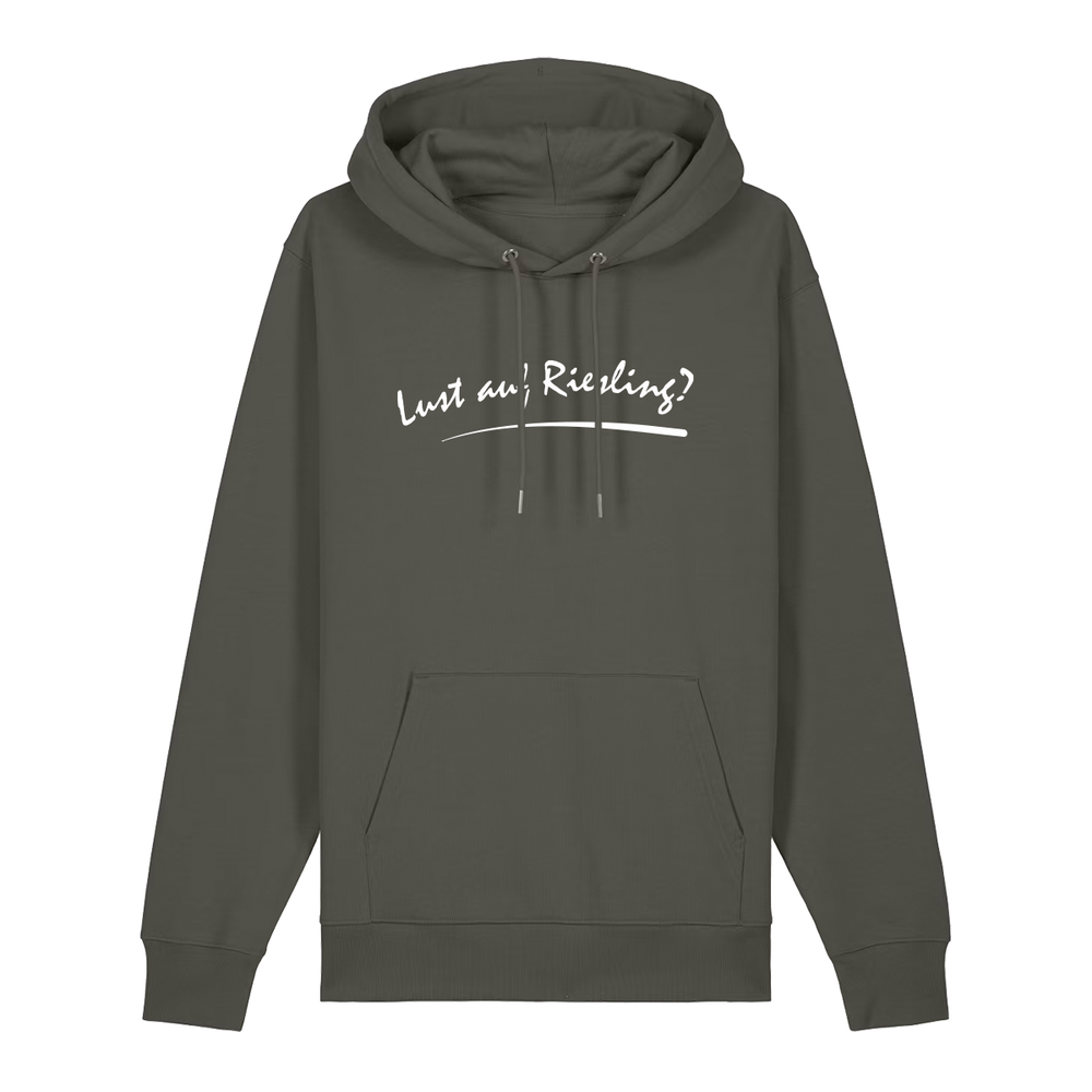 Hoodie in khaki mit weißem Aufdruck „Lust auf Riesling“.