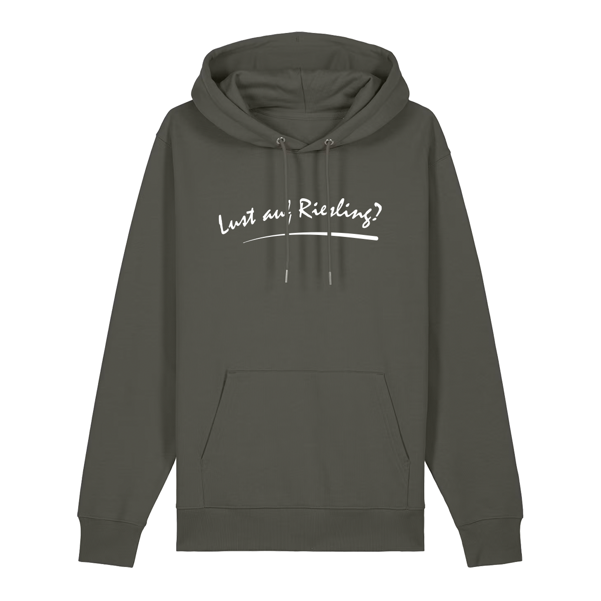 Hoodie in khaki mit weißem Aufdruck „Lust auf Riesling“.