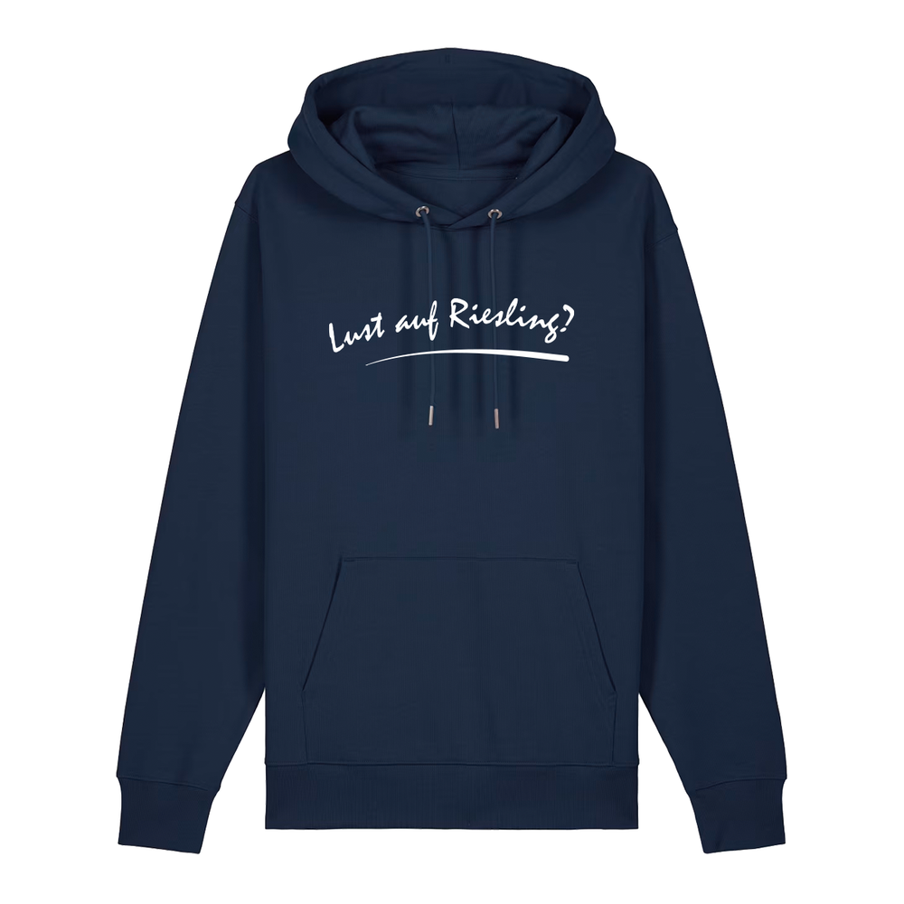 Hoodie in navy mit weißem Aufdruck „Lust auf Riesling“.