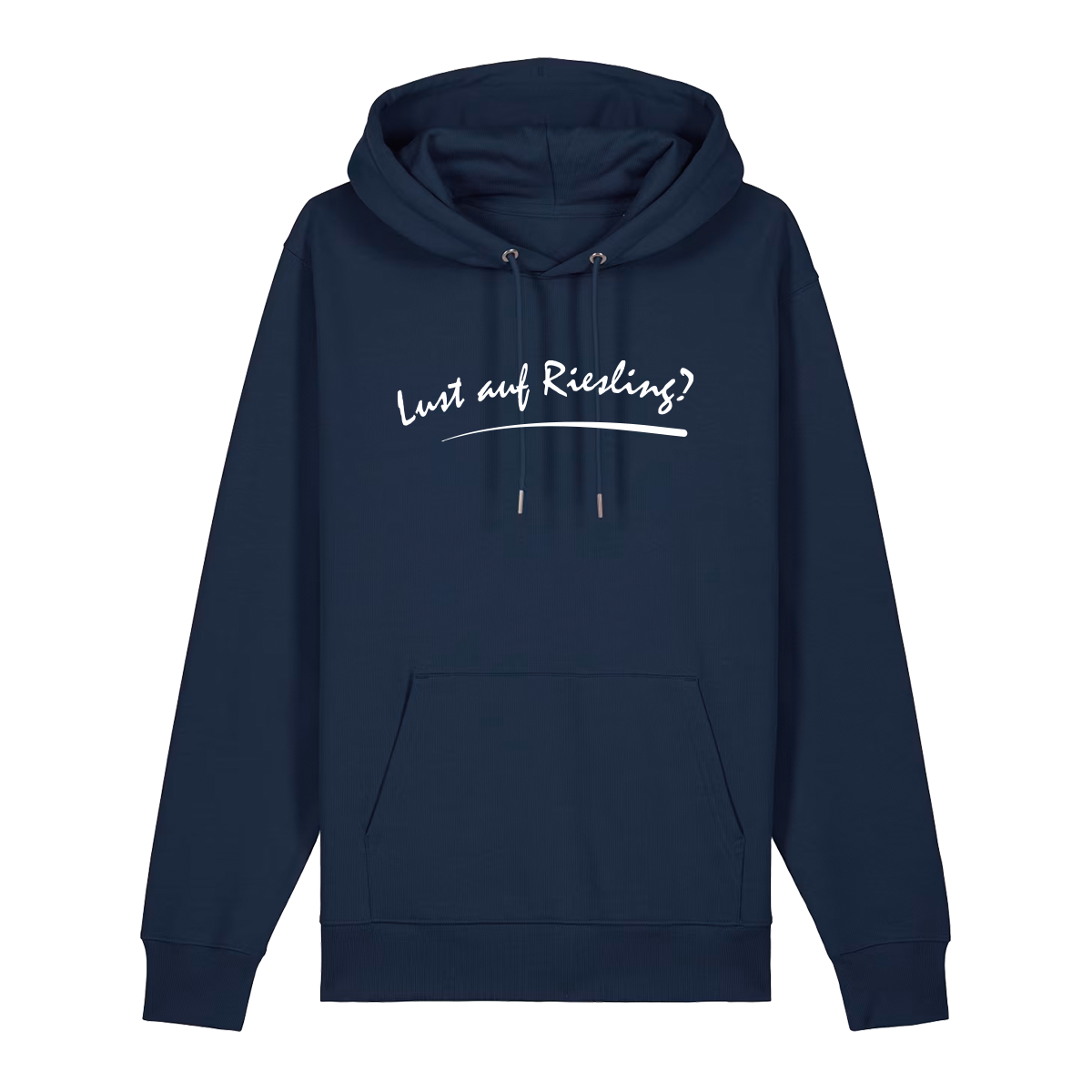 Hoodie in navy mit weißem Aufdruck „Lust auf Riesling“.