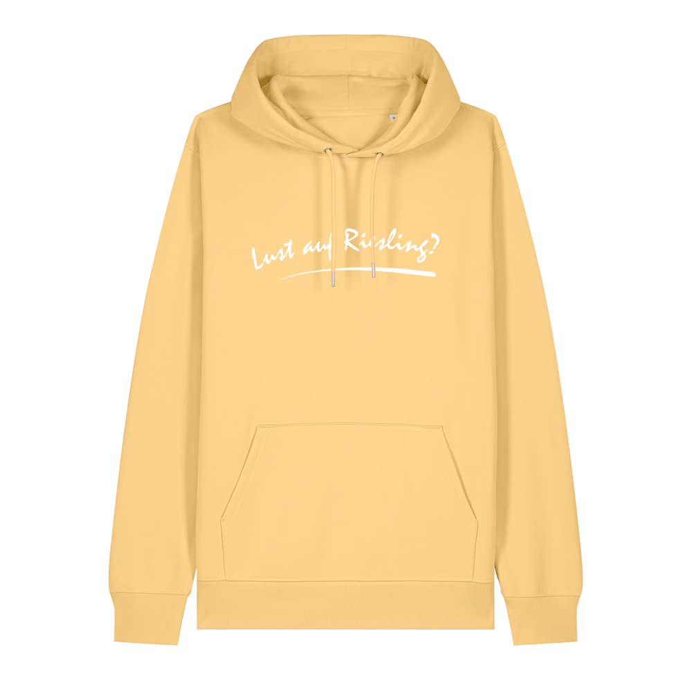 Hoodie in gelb mit weißem Aufdruck „Lust auf Riesling“.